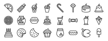 Limon dilimi, sakız, smoothie, balonlu çay, şeker kamışı, lolipop, sunum, diyagram, web tasarımı, mobil tasarım gibi 24 ana hatlı tatlı ikonu seti