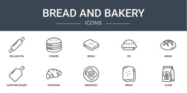 Rapor, sunum, diyagram, web tasarımı, mobil uygulama gibi 10 ana hatlı web ekmekleri ve fırın ikonu seti, rulo pin, kurabiye, pasta, ekmek, kesim tahtası, kruvasan vektör simgeleri