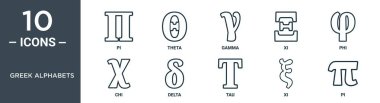 Rapor, sunum, diyagram, web tasarımı için Yunan alfabesi ana simgesi kümesi ince çizgi Pi, teta, gama, xi, phi, chi, delta simgeleri içerir