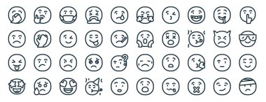 Düşünmek, üzülmek, gülmek, mutlu olmak, kızgın olmak, rapor, sunum, diyagram, web tasarımı, mobil uygulama gibi 40 ana hatlı gülen ikon seti