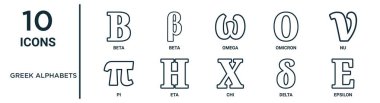 İnce çizgi beta, omega, nu, eta, delta, epsilon, rapor için pi simgeleri, sunum, diyagram, web tasarımı gibi Yunan alfabesi ana hatları simgesi kümesi
