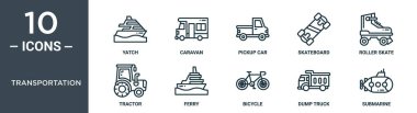 Ulaşım ana hatları ikonu seti ince çizgi yatı, karavan, kamyonet arabası, kaykay, paten, traktör, rapor için feribot simgeleri, sunum, diyagram, web tasarımı içerir
