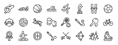 Rapor, sunum, diyagram, web tasarımı, mobil uygulama için ıslık, yarış, basketbol, yüzme, koşu, kazanan, kayak vektör simgeleri gibi 24 ana hatlı web spor simgesi seti