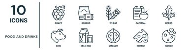Gıda ve içecek taslak simge seti ince çizgi üzüm, buğday, otlar, süt kutusu, peynir, kurabiye, rapor için inek simgeleri, sunum, diyagram, web tasarımı gibi