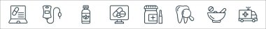 Hücre element çizgisi simgelerinin ana hatları. Online eczane, kan torbası, hap, internet eczanesi, hap, diş bakımı, hap, ambulans gibi doğrusal vektör simgeleri