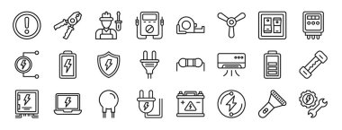 Rapor, sunum, diyagram, web tasarımı, mobil uygulama gibi 24 ana hatlı elektrik ikonu seti: tehlike, pense, elektrikçi, multimetre, ölçüm, fan, ışık anahtarı vektör simgesi