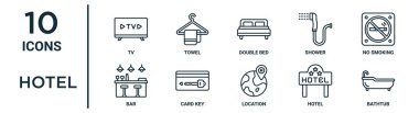 İnce çizgi televizyon, çift yatak, sigara içilmeyen anahtar, otel, küvet, rapor için bar simgeleri, sunum, diyagram, web tasarımı gibi otellerin ana hatları simgesi.