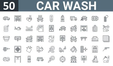 SUV, oto yıkama, el yıkama, araba yıkama, kazıma, kaldırma, kamyon taşıyıcı, rapor için ince ikonlar, sunum, diyagram, web tasarımı, mobil uygulama gibi 50 taslak web araba yıkama ikonu seti.