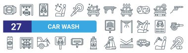 Gaza basma, motor, araba yıkama, araba yıkama, sprey, vakum, web tasarımı için ince çizgi simgeleri, mobil uygulama gibi 27 ana hatlı web yıkama ikonu seti.