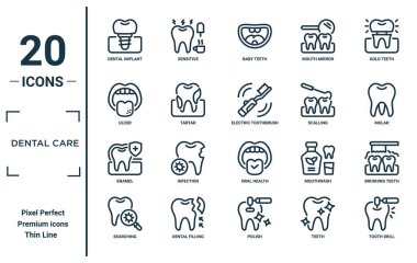 Diş bakımı lineer simgesi seti. İnce diş implantı, ülser, diş minesi, arama, diş matkabı, elektrikli diş fırçası, rapor için diş fırçası, sunum, diyagram, web tasarımı