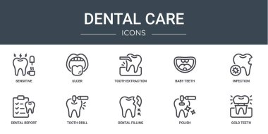 Rapor, sunum, diyagram, web tasarımı gibi 10 ana hatlı diş bakım ikonu seti: hassas, ülser, diş çıkarma, bebek dişi, enfeksiyon, diş raporu, diş matkabı ikonu,