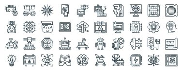 Oyun denetleyici, robot, otomatikleştirilmiş, yaratıcı akıl, mikroişlemci, mikroişlemci, rapor, sunum, diyagram gibi 40 ana hatlı yapay zeka simgesi,