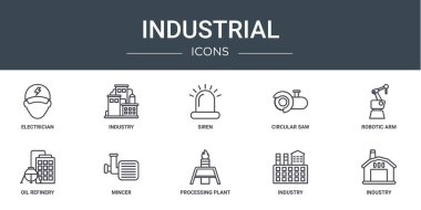 Elektrik, endüstri, siren, dairesel testere, robotik kol, petrol rafinerisi, rapor, sunum, diyagram, web tasarımı, mobil uygulama gibi 10 ana hatlı web sanayi ikonu seti