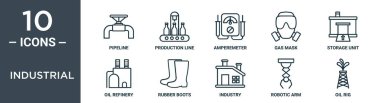 Sanayi ana hatları ikonu seti ince hat boru hattı, üretim hattı, amperemeter, gaz maskesi, depolama birimi, petrol rafinerisi, rapor için lastik bot simgeleri, sunum, diyagram, web tasarımı içerir