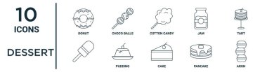 dessert outline icon set such as thin line donut, cotton candy, tart, pudding, pancake, aron, icons for report, presentation, diagram, web design clipart