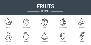 Rapor için limon, çilek, meyve, karpuz, rambutan, muz, turuncu vektör simgeleri, sunum, diyagram, web tasarımı, mobil uygulama gibi 10 ana hatlı web meyve simgesi seti