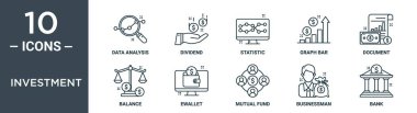 investment outline icon set includes thin line data analysis, dividend, statistic, graph bar, document, balance, ewallet icons for report, presentation, diagram, web design clipart