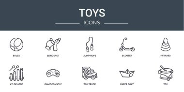 Toplar, sapan, ip atlama, scooter, piramit, ksilofon, rapor, sunum, diyagram, web tasarımı, mobil uygulama gibi 10 ana hatlı web oyuncağı ikonu seti