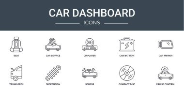 set of 10 outline web car dashboard icons such as seat, car service, cd player, car battery, mirror, trunk open, suspension vector icons for report, presentation, diagram, web design, mobile app clipart