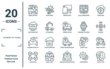 internet of things linear icon set. includes thin line smart factory, edge computing, augmented reality, blockchain, digital twin, connected car, smart factory icons for report, presentation, clipart