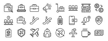 Güvenlik kontrolü, güvenlik kontrolü, bavul, hoparlör, bavul, bekleme odası, rapor için vektör simgeleri, sunum, diyagram, web tasarımı, mobil uygulama gibi 24 ana hatlı web havalimanı simgesi seti