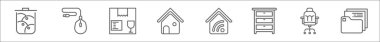 Çalışma çizgisi simgeleri dizisi. Çöp, fare tuşu, kutu, ev, akıllı ev, dolap, sandalye, dizin gibi doğrusal vektör simgeleri