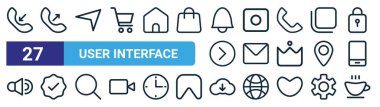 Gelen arama, giden arama, gönderme, kayıt, posta, doğru işaret, bulut indirme, web tasarımı için çaydanlık vektörü ince çizgi simgeleri, mobil uygulama gibi 27 ana hatlı web kullanıcı arayüzü simgesi seti.