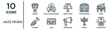 jazz music outline icon set such as thin line djembe, music stand, piano, case, cymbal, speaker box, clarinet icons for report, presentation, diagram, web design clipart