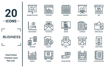 iş doğrusal simgesi seti. İnce çizgi iş stratejisi, borsa, döviz, büyüme, muhasebe defteri, fatura, rapor için akıllı telefon simgeleri, sunum, diyagram, web tasarımı