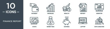 finans raporu ana hatları simgesi seti ince çizgi ödemesi, artış, zenginlik, rapor, gözlem, istatistik, rapor için para çantası simgeleri, sunum, diyagram, web tasarımı