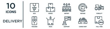 İnce çizgi kutusu, içe aktarım, forklift, paket, kargo gemisi, tam zamanlı, raporlama için izleyici simgeleri, sunum, diyagram, web tasarımı gibi dağıtım simgesi seti