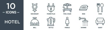 Otel ana hatları simgesi seti ikili olmayan ince çizgi, güç dolgusu, havuz sandalyesi, demir, yiyecek, rapor için zil, çaydanlık simgeleri, sunum, diyagram, web tasarımı içerir
