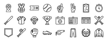 set of 24 outline web baseball icons such as location, armour, ticket, baseball, foam hand, strike, tactics vector icons for report, presentation, diagram, web design, mobile app clipart