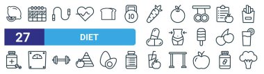 Limon, takvim, ip atlama, portakal, fitness, skaler, diyet, brokoli vektörü, web tasarımı için ince çizgi simgeleri, mobil uygulama gibi 27 ana hatlı web diyet simgesi seti.