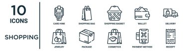 İnce çizgi çizgisi simgesi seti gibi; hine, alışveriş sepeti, dağıtım, paket, ödeme yöntemi, fatura, rapor için mücevher simgeleri, sunum, diyagram, web tasarımı