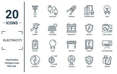 electricity linear icon set. includes thin line pole, riveter, battery, electricity, adapter, car battery, air conditioning icons for report, presentation, diagram, web design clipart