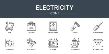 Araba, alet kutusu, elektrik paneli, meşale, tornavida, pcb tahtası, rapor için elektrik vektör simgeleri, sunum, diyagram, web tasarımı, mobil uygulama gibi 10 ana hatlı elektrik ikonu seti