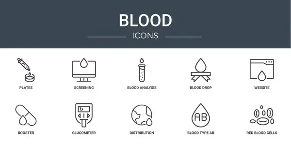 stock vector set of 10 outline web blood icons such as plates, screening, blood analysis, blood drop, website, booster, glucometer vector icons for report, presentation, diagram, web design, mobile app