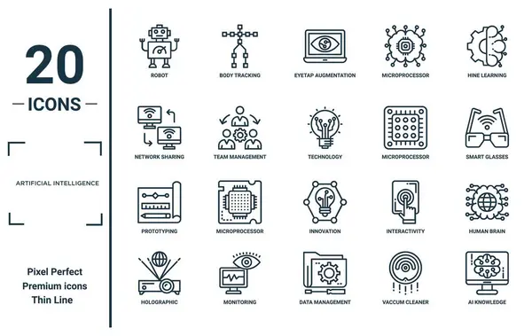 stock vector artificial intelligence linear icon set. includes thin line robot, network sharing, prototyping, holographic, ai knowledge, technology, human brain icons for report, presentation, diagram, web