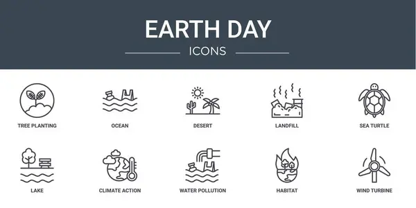 stock vector set of 10 outline web earth day icons such as tree planting, ocean, desert, landfill, sea turtle, lake, climate action vector icons for report, presentation, diagram, web design, mobile app