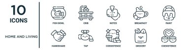 ev ve yaşam ana hatları simgesi seti örneğin ince çizgi balık kasesi, notlar, boya, tap, market, birlikte yaşam, rapor için el sıkışma simgeleri, sunum, diyagram, web tasarımı