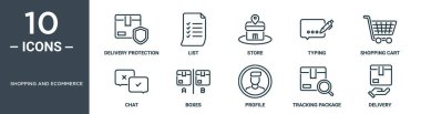 Alışveriş ve ecommerce ana hatları simgesi seti ince satır teslim koruması, liste, mağaza, daktilo, alışveriş arabası, sohbet, rapor için kutular, sunum, diyagram, web tasarımı