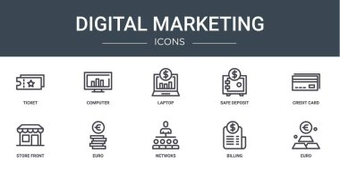 Bilet, bilgisayar, dizüstü bilgisayar, depozito, kredi kartı, depolama önü, rapor için avro vektör simgeleri, sunum, diyagram, mobil uygulama gibi 10 ana hatlı web dijital pazarlama simgesi seti