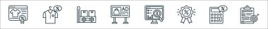 Satış yönetimi simgelerinin ana hatları. İndirim, indirim, yönetim, reklamcılık, büyük veriler, büyük satış, indirim, hedef gibi doğrusal vektör simgeleri