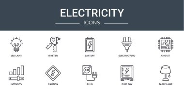 Önde gelen ışık, perçin, pil, elektrik prizi, devre, yoğunluk, rapor için dikkat vektör simgeleri, sunum, diyagram, web tasarımı, mobil uygulama gibi 10 ana hatlı elektrik simgesi kümesi