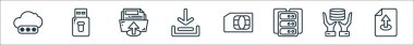 Veri depolama çizgisi simgelerinin ana hatları. parola, flash disk, dosya yükleme, indirme, simkart, sunucu, veritabanı, gönderme gibi doğrusal vektör simgeleri