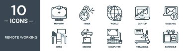 Uzak çalışma çizgisi simgesi seti ince çizgi monitörü, zamanlayıcı, dünya, laptop, mesaj, masa, rapor için modem simgeleri, sunum, diyagram, web tasarımı içerir