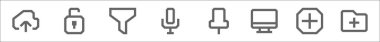 Özet olarak, bu çizgi ikonlarının ana hatları. Bulut, asma kilit, huni, mikrofon, pin, izleme, artı, dizin gibi doğrusal vektör simgeleri