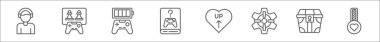 Oyun çizgisi simgelerinin ana hatları. Oyuncu, strateji oyunu, pil, öğretici, kalp, dişli, hazine sandığı gibi doğrusal vektör simgeleri