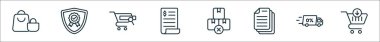 Çevrimiçi alışveriş hattı simgelerinin ana hatları. Alışveriş çantası, garanti, arama çubuğu, fatura gibi doğrusal vektör simgeleri, stok dışı, koleksiyon, ücretsiz dağıtım, satın alma